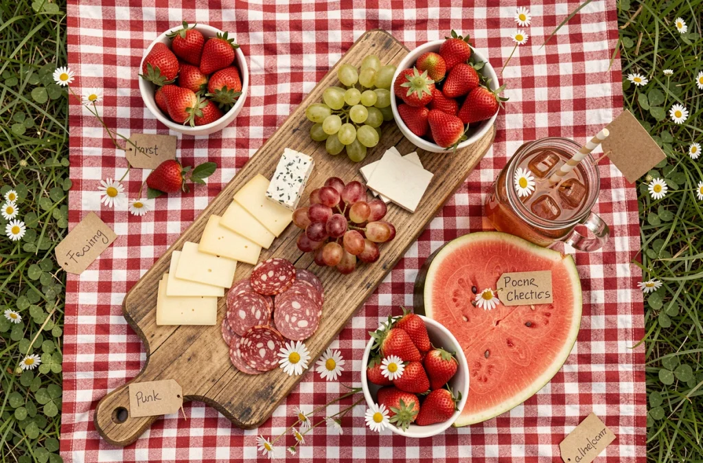 Vue du dessus d'un pique-nique familial soigneusement disposé sur une nappe vichy rouge avec charcuterie, fromages, fruits frais et limonade dans un parc