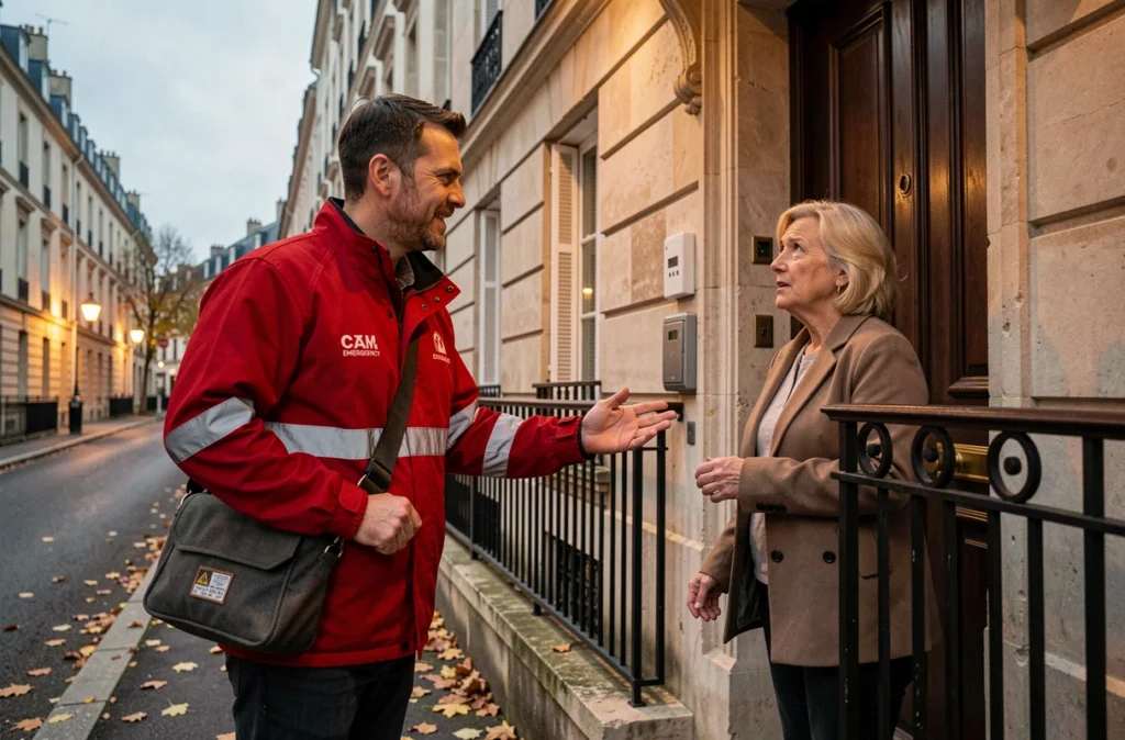 Serrurier d'urgence d'Allo Flash Dépannage arrivant chez une cliente à Amiens avec son sac d'outils