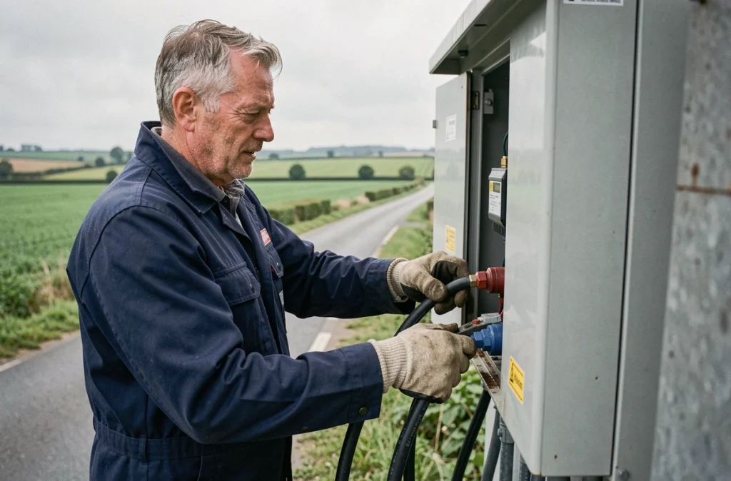 Électricien d'ANGER raccordant des câbles à un transformateur extérieur sur une route rurale de la Manche
