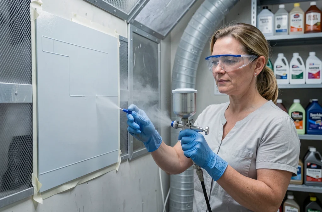 Femme appliquant un vernis de compatibilité avec un aérographe dans une cabine de peinture professionnelle ventilée