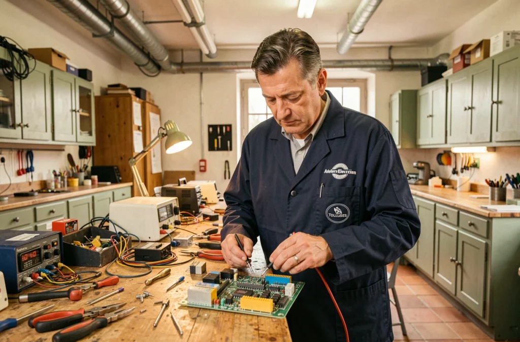 Électricien des Ateliers-Electricien Toulouse soudant des connexions sur un circuit dans un atelier traditionnel toulousain