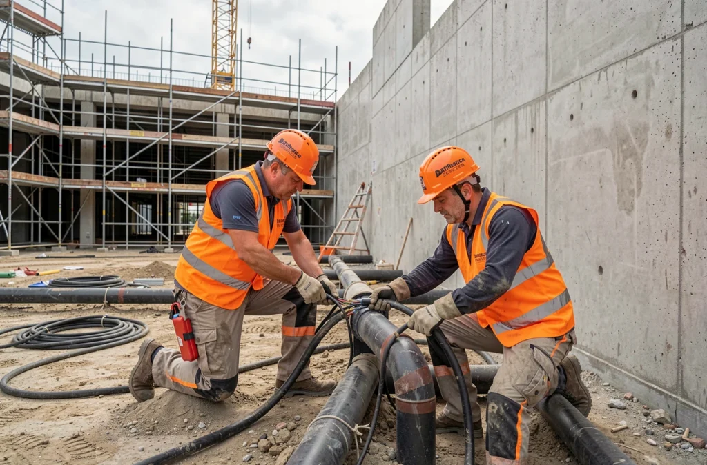 Deux électriciens Batifrance Services tirant des câbles dans des conduits sur un chantier de construction commerciale