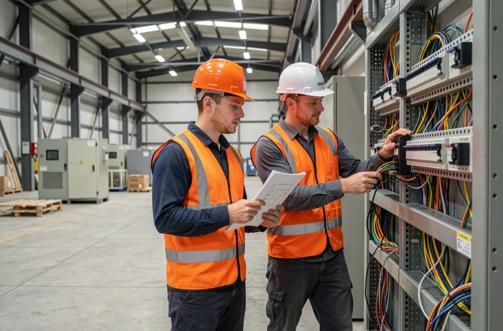 Deux techniciens de Belect travaillant sur une installation électrique commerciale dans un bâtiment industriel
