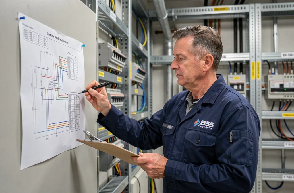 Électricien BES Électricité inspectant un local technique électrique dans un bâtiment commercial avec des armoires et tableaux de distribution