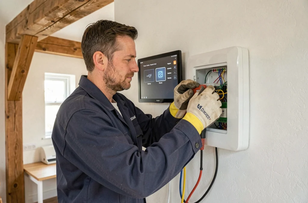 Électricien spécialisé en domotique installant un panneau de contrôle intelligent dans une maison normande moderne