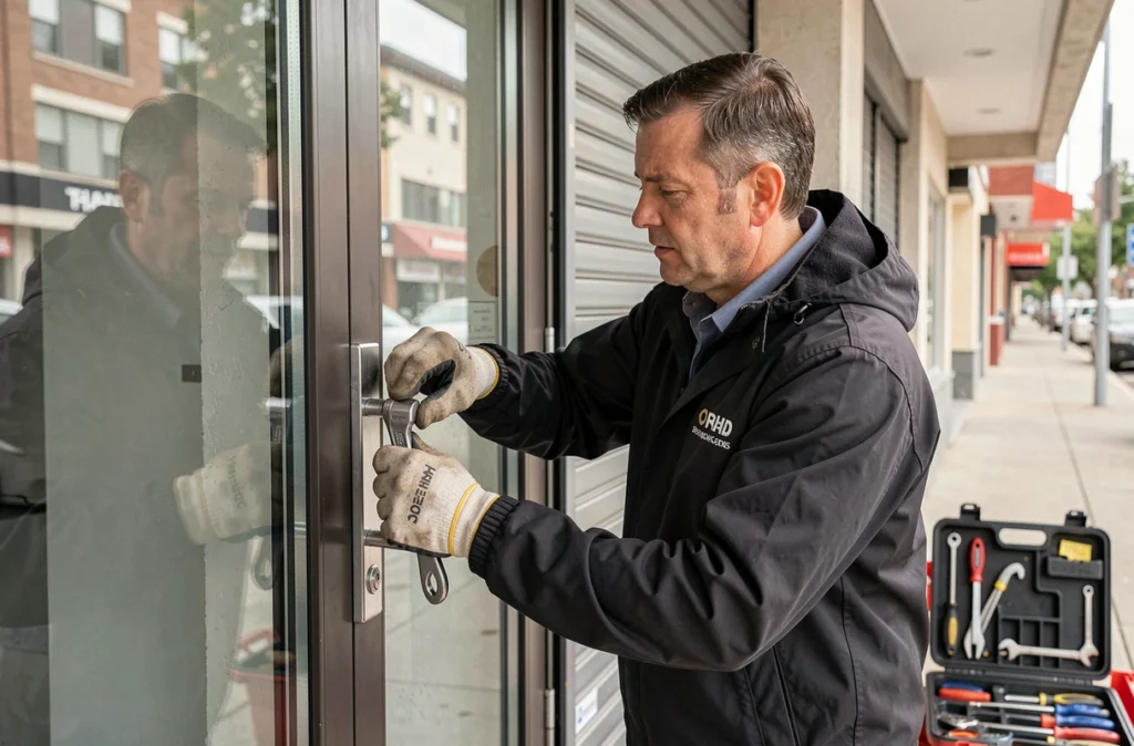 Serrurier de CDLS finalisant l'installation d'une porte haute sécurité dans une boutique commerciale à Amiens