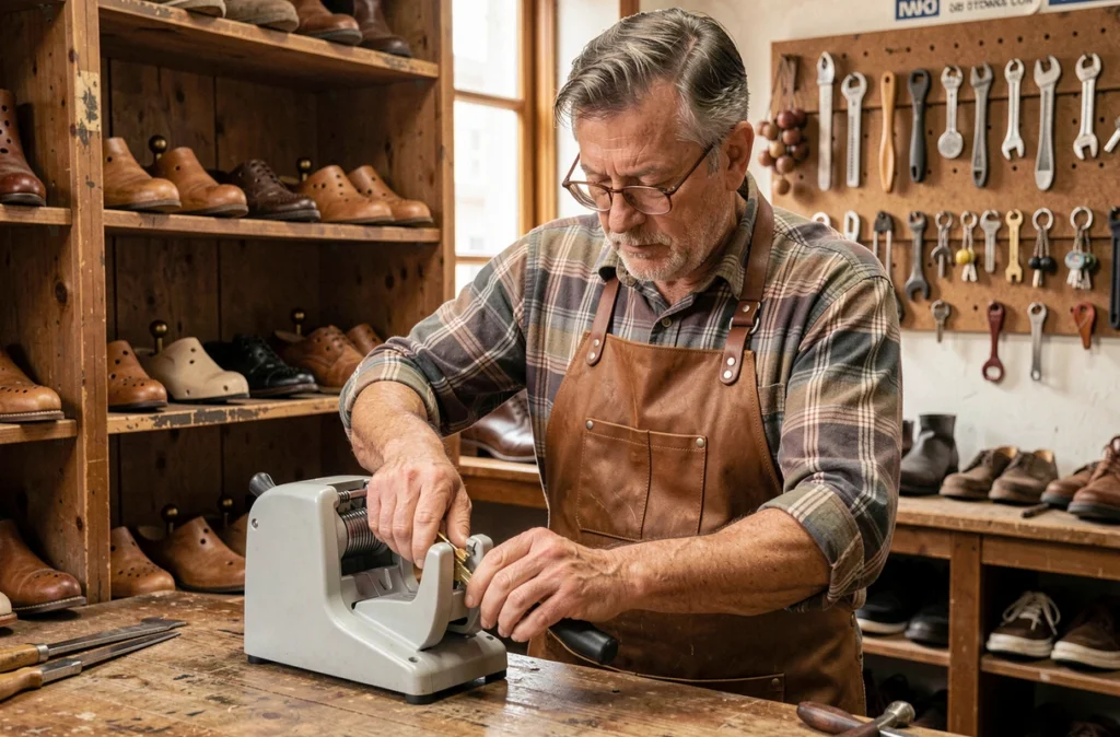 Cordonnier et serrurier de la Cordonnerie Rollin reproduisant une clé dans son atelier traditionnel à Amiens