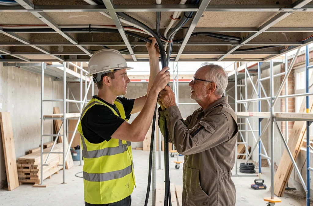 Apprenti électricien de COSSON passant des conduits électriques dans un faux plafond sur un chantier de rénovation normand