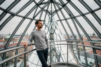 Homme admirant la vue depuis la coupole intérieure en verre du Reichstag à Berlin