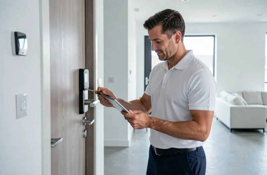 Technicien de D'homeConnect installant une serrure connectée sur une porte d'appartement moderne à Amiens