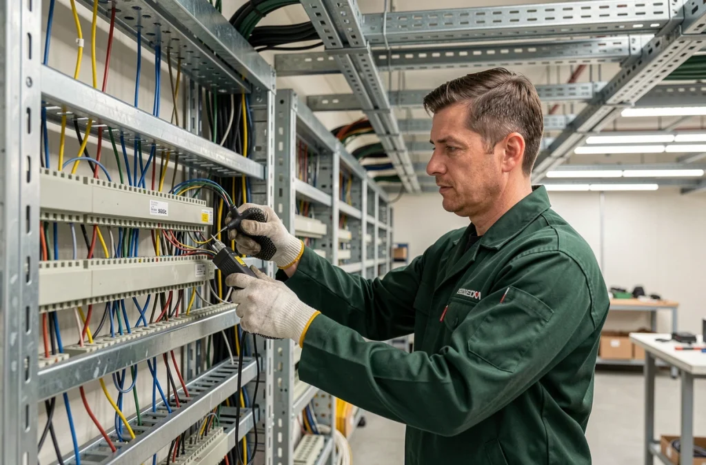 Électricien d'EIB GUERIN câblant un système de jeu de barres industriel dans un atelier moderne