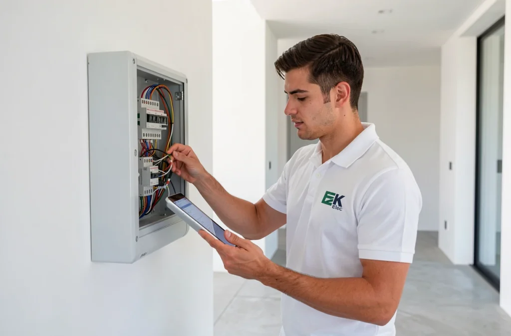 Électricien EK Elec installant un tableau électrique domotique dans une villa moderne aux intérieurs minimalistes