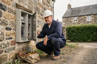 Électricien professionnel travaillant sur un tableau électrique dans un village typique de la Manche en Normandie