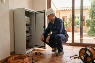 Électricien professionnel en Occitanie travaillant sur un tableau électrique dans un bâtiment moderne aux couleurs méditerranéennes