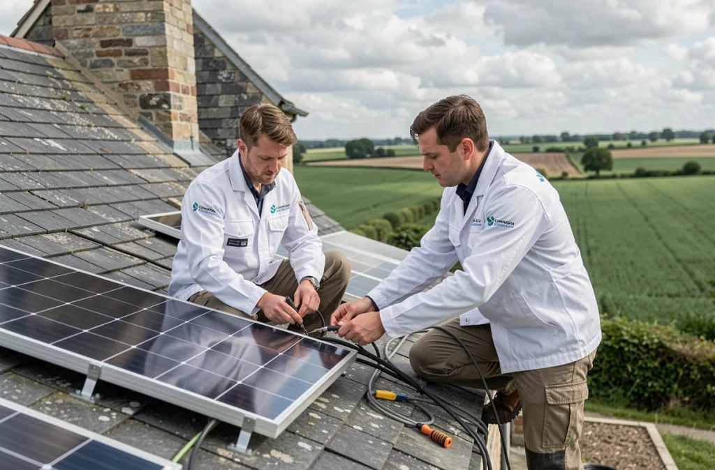 Électriciens d'EPC installant le câblage de panneaux solaires photovoltaïques sur le toit ardoisé d'une ferme normande