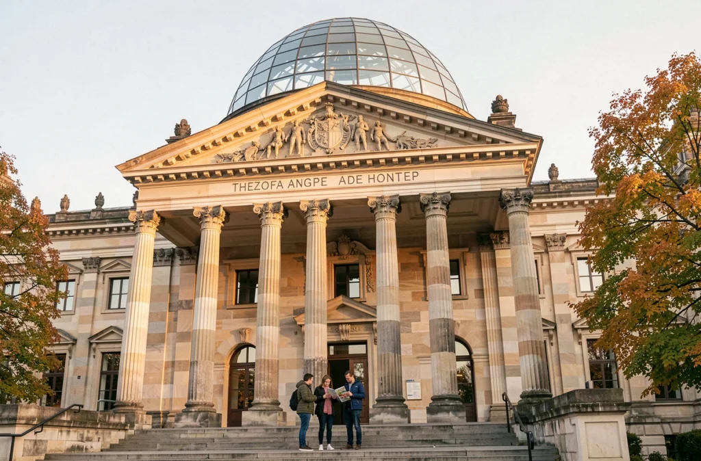 Façade néoclassique du Reichstag avec visiteurs consultant un guide devant l'entrée principale