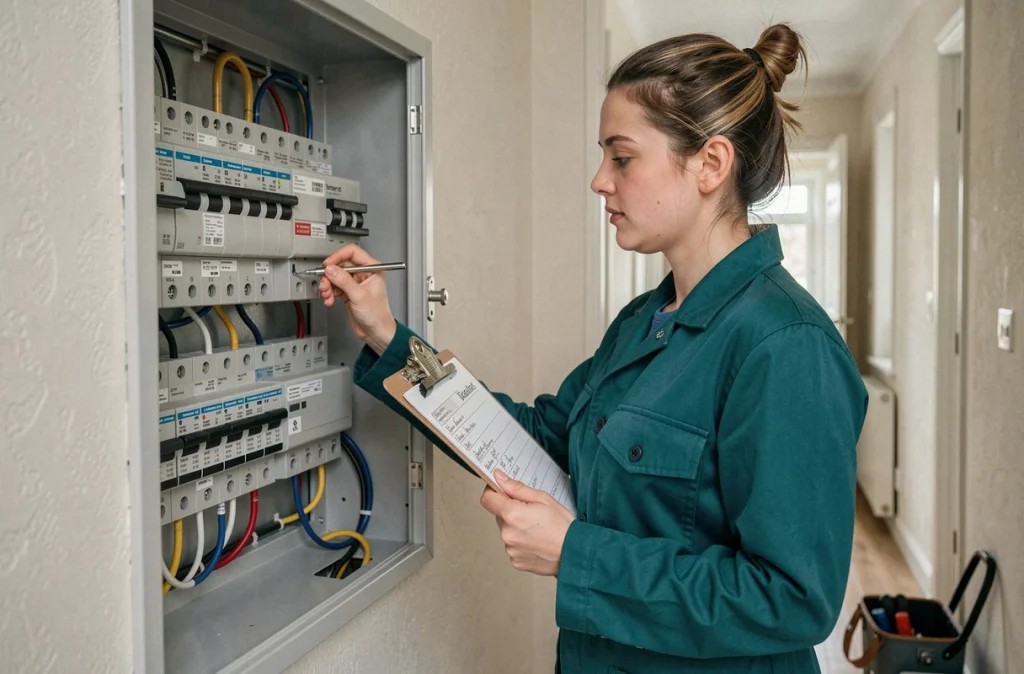 Technicienne de HAMEL inspectant et étiquetant des disjoncteurs dans un tableau électrique résidentiel normand
