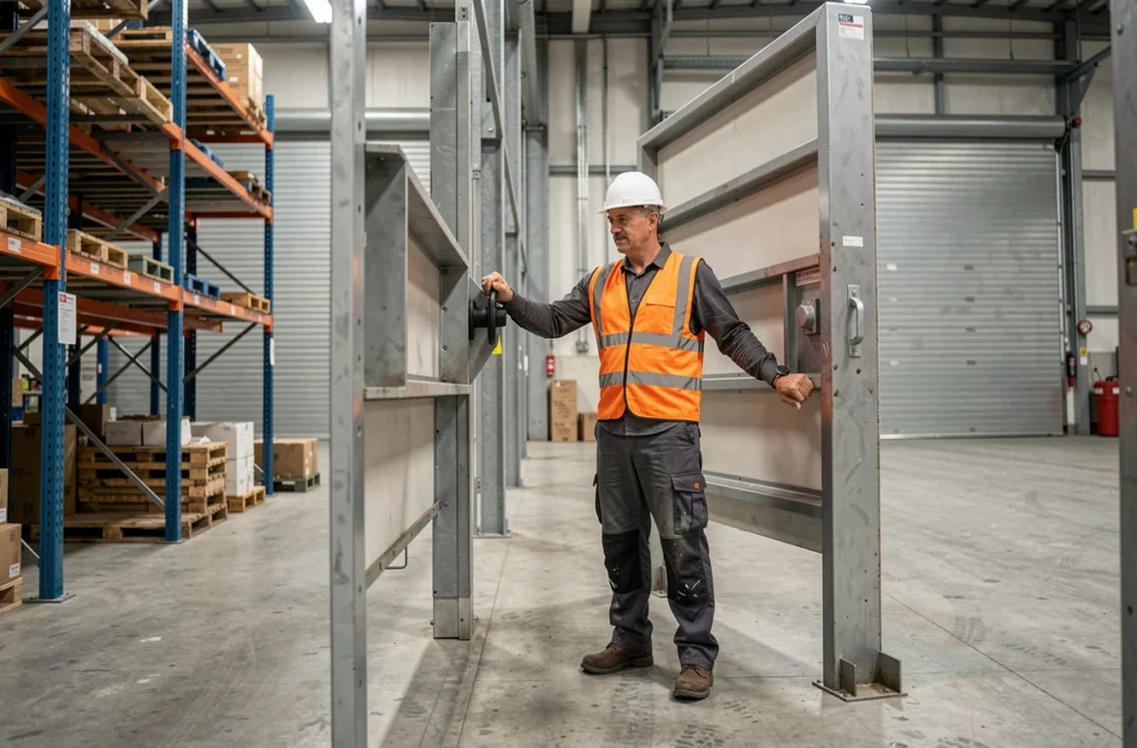 Technicien de H-P Industrie inspectant un mécanisme de porte industrielle dans un entrepôt à Amiens