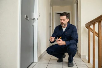 Un serrurier professionnel en uniforme travaillant sur une porte d'appartement dans un couloir résidentiel à Amiens