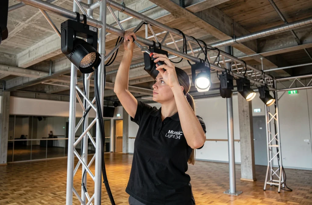 Technicienne Music Light 34 installant des projecteurs sur une structure de scène dans une salle événementielle de l'Hérault