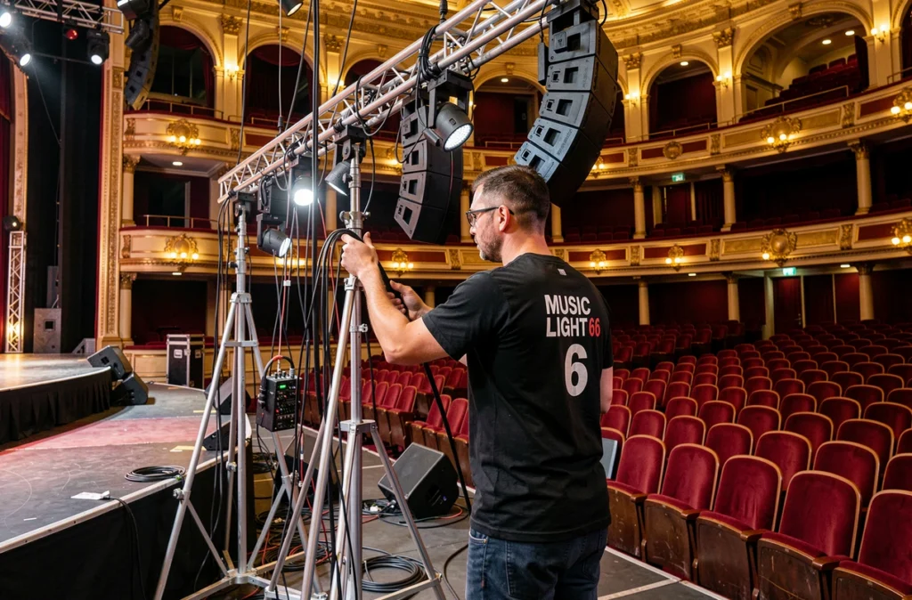 Technicien Music Light 66 installant des systèmes d'éclairage scénique dans une grande salle de concert des Pyrénées-Orientales