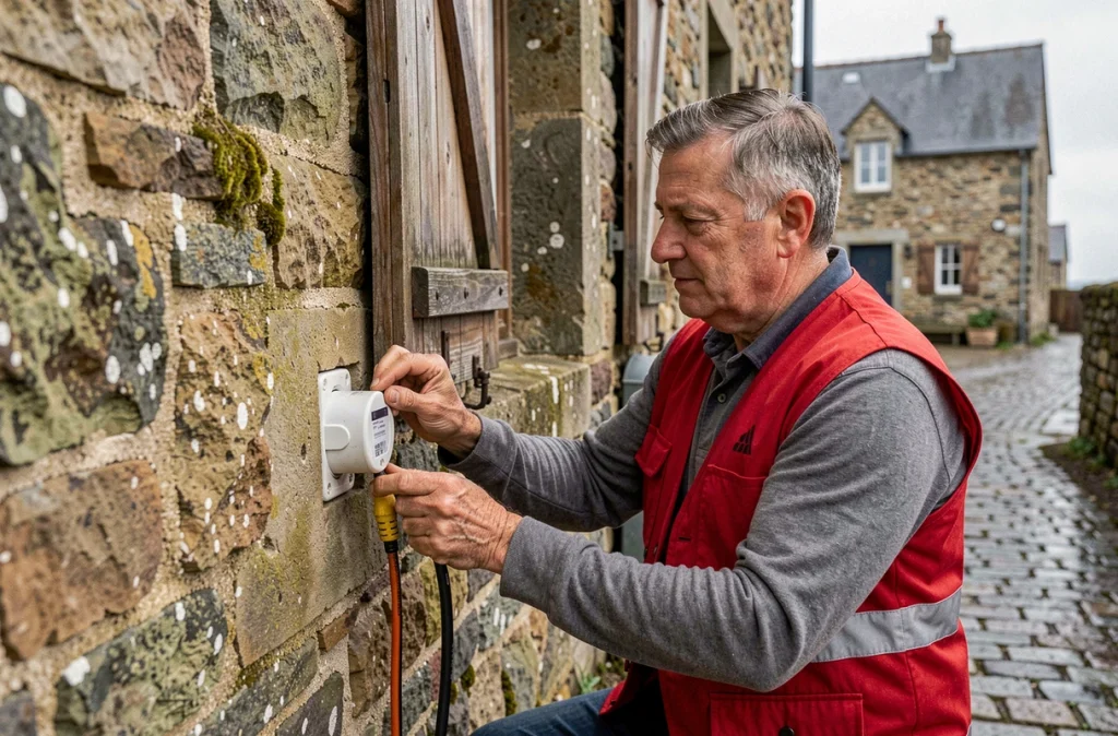 Électricien de PIERRELEC remplaçant une prise électrique extérieure sur la façade en pierre d'un cottage normand