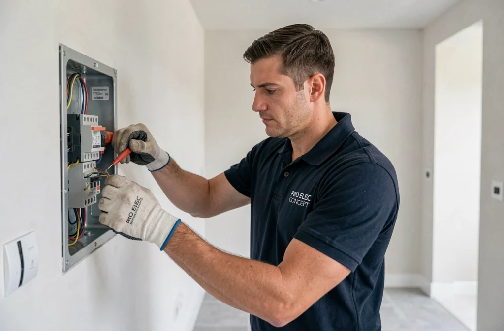 Électricien de Pro Elec Concept raccordant des câbles dans un tableau électrique résidentiel rénové