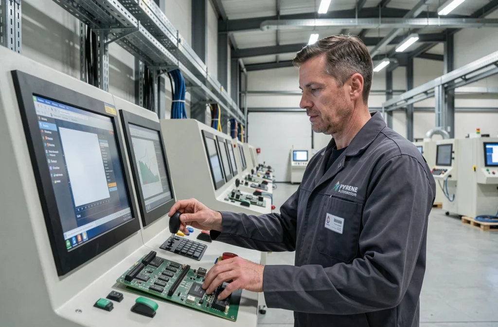 Technicien Pyrene Automation programmant un panneau de contrôle industriel dans une usine du sud de la France
