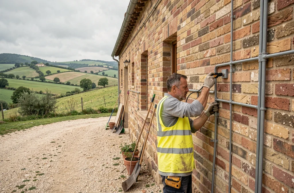 Électricien Randon Electricité posant des conduits sur la façade extérieure d'une maison rurale en Occitanie