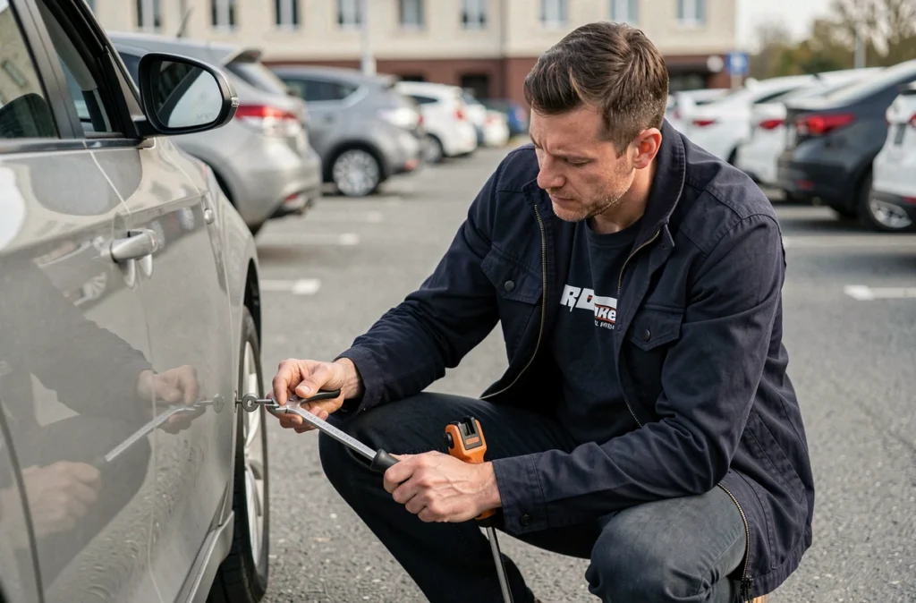 Serrurier indépendant Ruet Loic ouvrant une serrure de voiture dans un parking urbain à Amiens