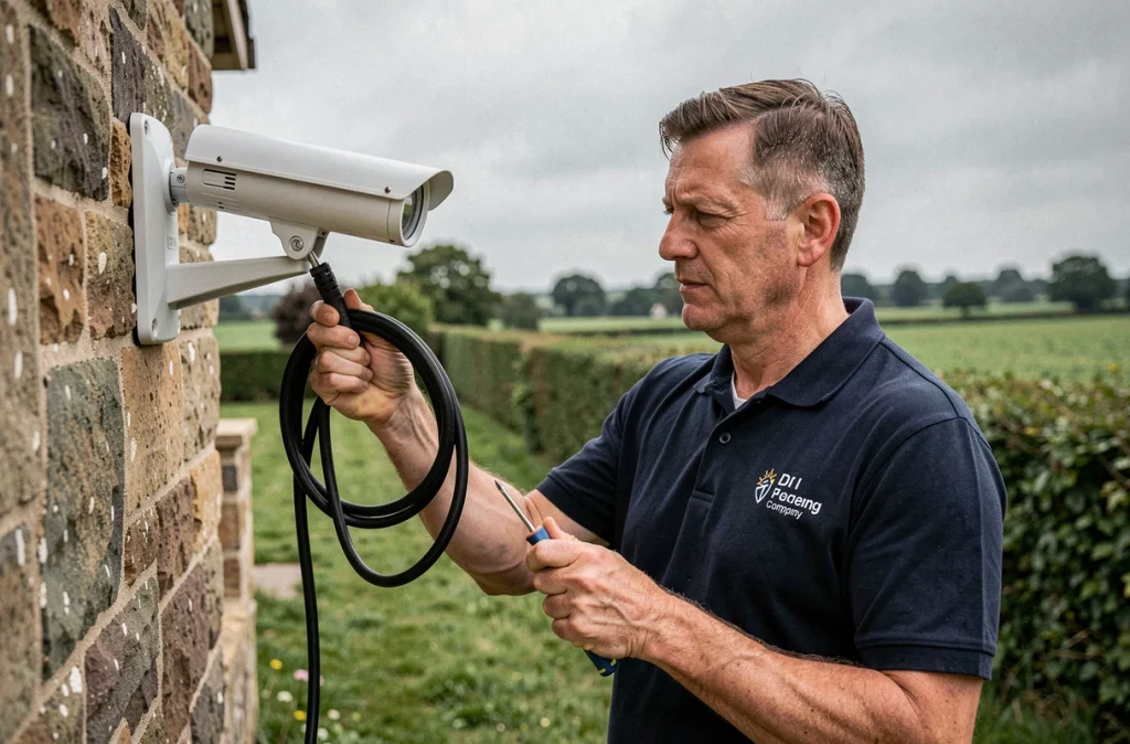 Technicien de SECUR ELEC installant une caméra de vidéosurveillance sur une ferme normande dans la Manche