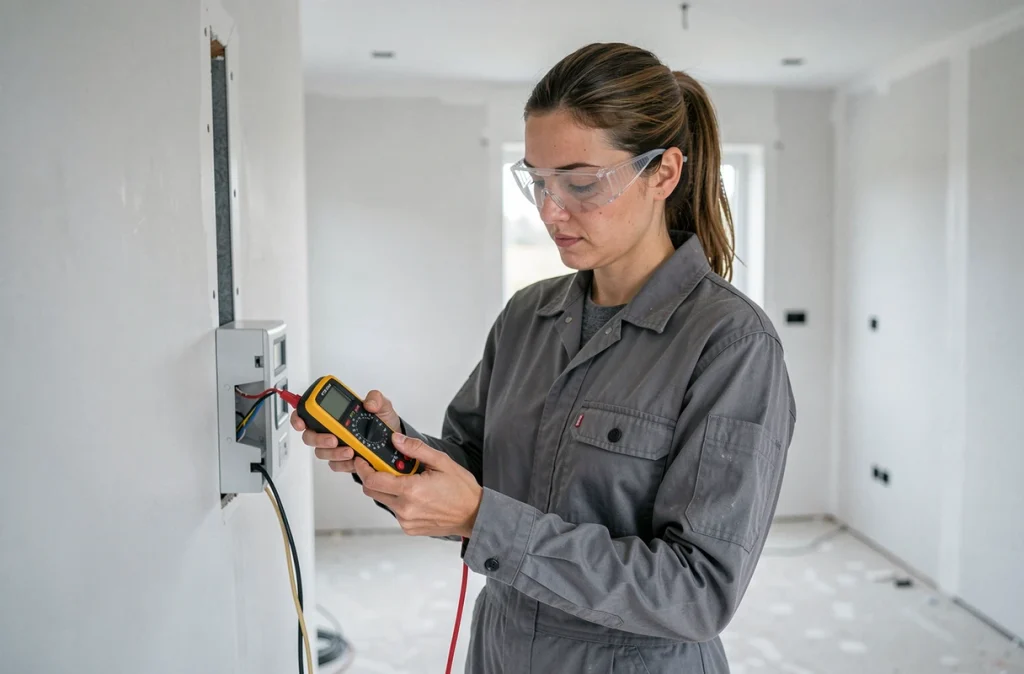 Technicienne de SELCA vérifiant des connexions électriques avec un multimètre dans une maison neuve normande