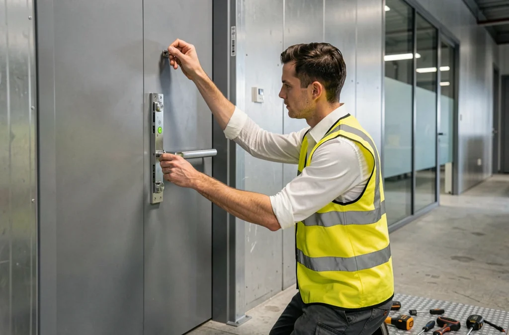 Technicien de Techni-Agencement installant une serrure multipoints sur une porte PVC dans un bâtiment commercial