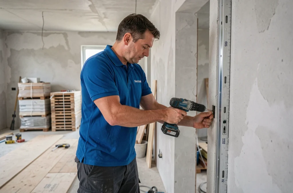 Spécialiste de Tecnipose fixant un cadre de porte renforcé dans un appartement en construction à Amiens