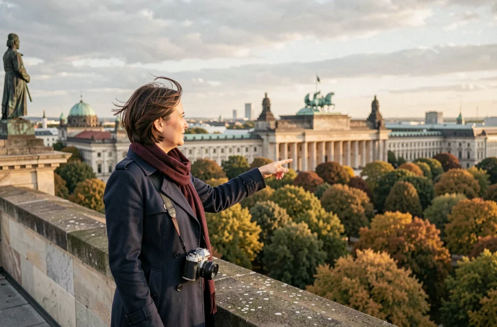 Femme photographe observant le panorama de Berlin depuis la terrasse du Reichstag