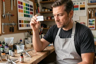 Artiste aérographiste testant la compatibilité de peintures sur une carte d'essai en plastique dans son atelier de modélisme