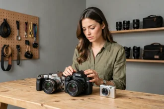 Femme comparant un appareil photo hybride, un reflex et un compact sur une table en bois dans un studio photo organisé