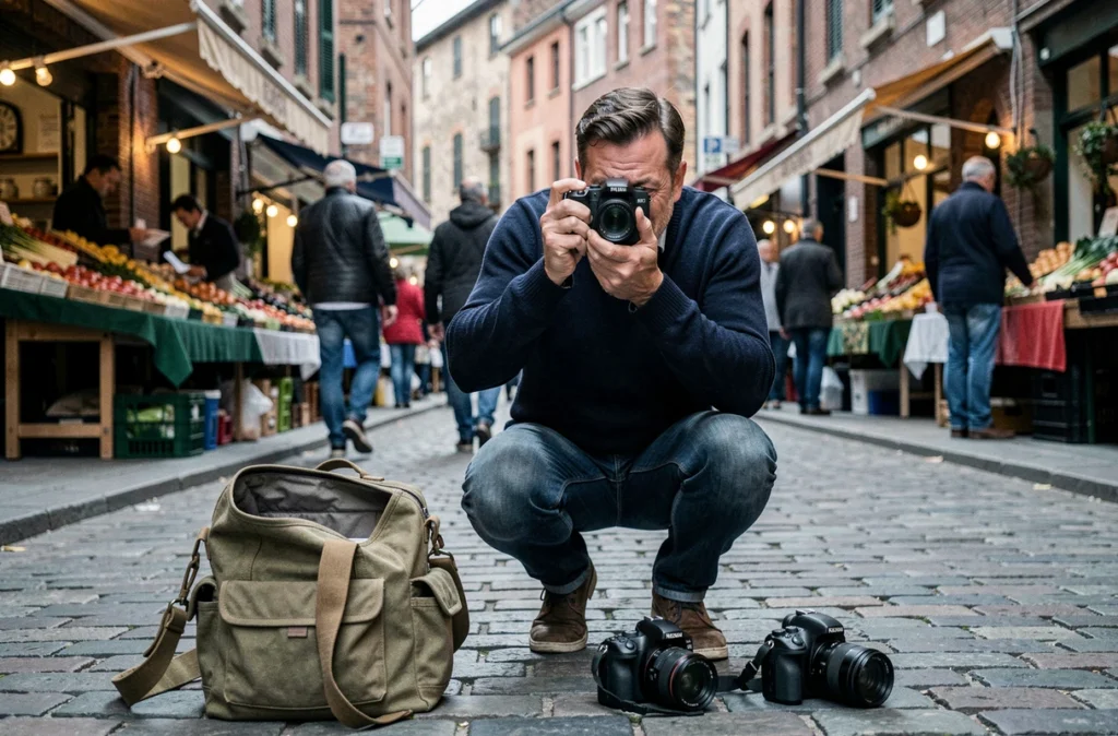 Photographe homme accroupi dans un marché urbain européen comparant différents types d'appareils photo en situation réelle