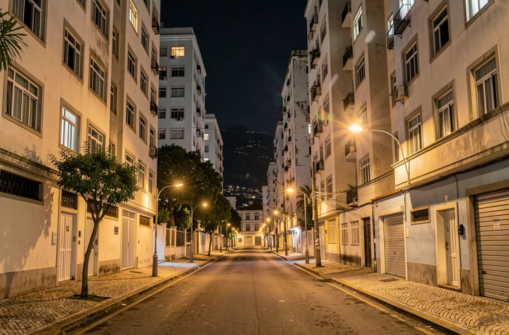 Rue d'un quartier aisé de Rio la nuit, immeubles éclairés