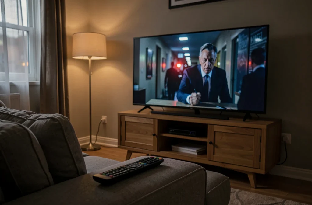 Télévision allumée dans un salon sombre sur une série policière